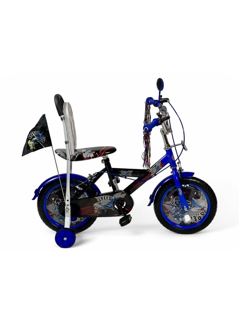 البدر دراجة فري ستايل للاطفال من البدر مقاس 14 انش للاولاد والبنات من سن 5-8 سنوات، لون ازرق، مع مقعد مريح ومسند ظهر وعجلات صلبة 14 انش، دراجة اطفال - Image 1